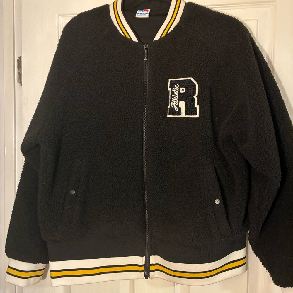 Russell Athletic Black Sherpa Bomber Jacket with Yellow & White Trim